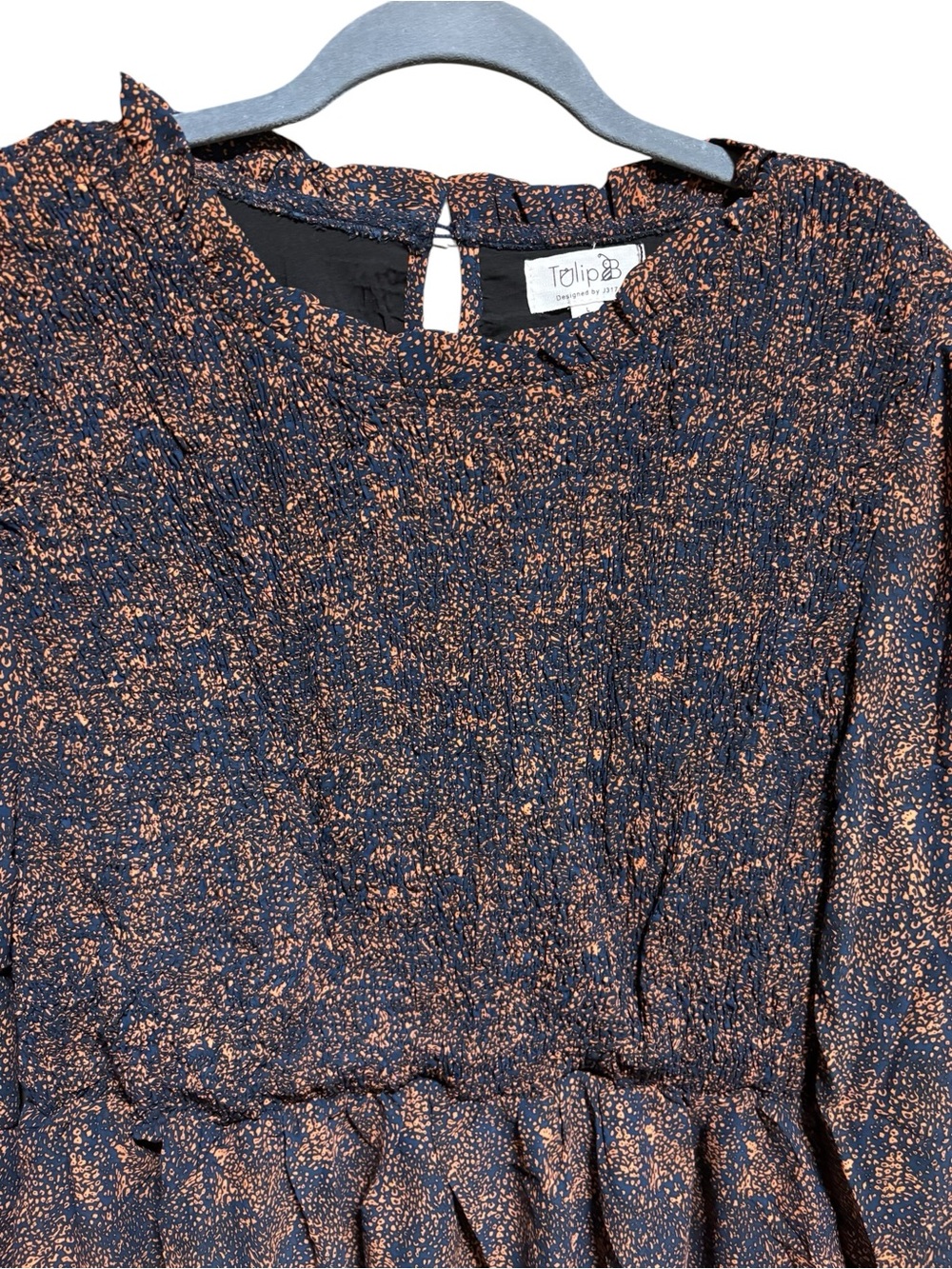 NWT Tulip B Vintage Inspired Navy Rust Long-Sleeve Smocked Top Dress Pockets - Picture 5 of 9